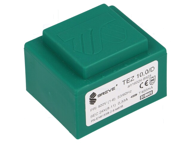 Transformator: ingegoten; 10VA; 400VAC; 24V; 416,6mA; PCB; IP00 Transformator: ingegoten; 10VA; 400VAC; 24V; 416,6mA; PCB; IP00